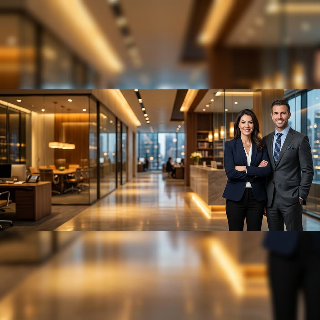 Casal de advogados em escritório de advocacia moderno